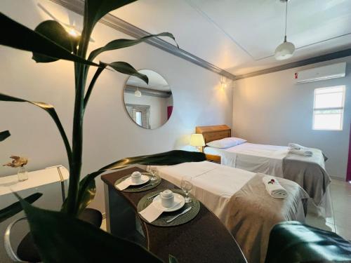a hotel room with two beds and a plant at POUSADA BELLA CANASTRA in Piumhi