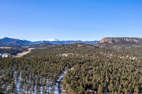 an aerial view of a river in a forest at Pine Perch ~ Cozy Mountain Cabin w/ Views in Bailey
