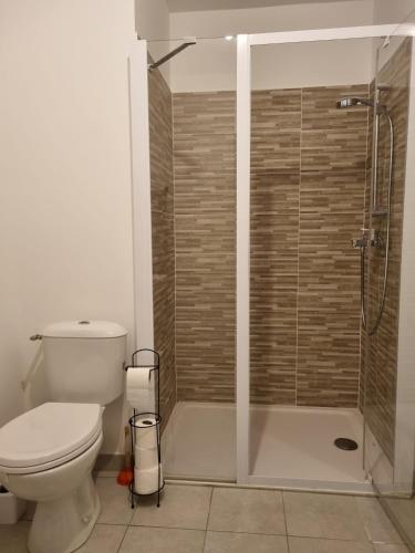 La salle de bains est pourvue de toilettes et d'une douche en verre. dans l'établissement Allée des cedres, à Villepinte
