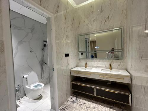 a bathroom with a toilet and a sink and a mirror at شقة فاخرة غرفة وصالة بالعارض ٢ in Riyadh