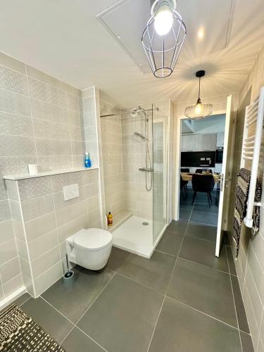 La salle de bains est pourvue de toilettes et d'une douche à l'italienne. dans l'établissement Superbe T2 dans résidence avec piscine chauffée, à Beausoleil