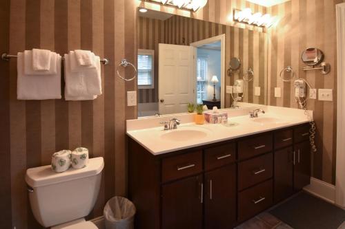 a bathroom with a sink and a toilet and a mirror at Lakeview Dreams in Young Harris