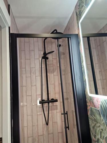 a shower in a bathroom with twoadders at The Holiday House - Portstewart in Portstewart