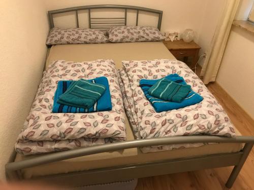 Habitación con 2 camas individuales y almohadas azules. en Apartment in handball city, Handewitt, en Handewitt