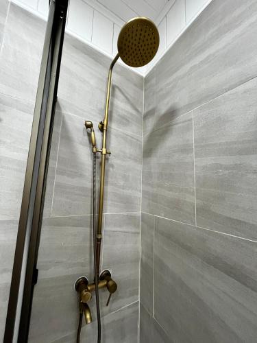 a shower with a shower head in a bathroom at Curiñanco Casa Playa in Curiñanco