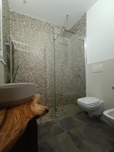 a bathroom with a glass shower and a toilet at RESIDENCE TERRAE Intero appartamento 2 CAMERE MATRIMONIALI in San Ligorio