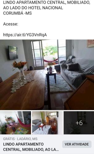 uma sala de estar com um sofá e uma mesa em LINDO APTO CENTRAL, MOBILIADO, AO LADO DO HOTEL NACIONAL CORUMBÁ -MS em Corumbá