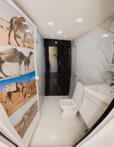 a bathroom with a white toilet and a sink at Luxury Desert Camp Oman in Al Wāşil