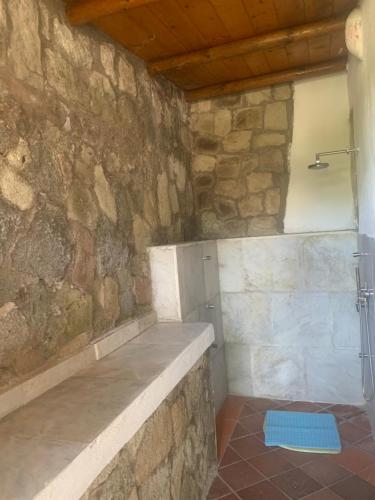イスキアにあるVilla Liuba con piscina e saunaの石壁のバスルームには青いラグが敷かれたシャワーがあります