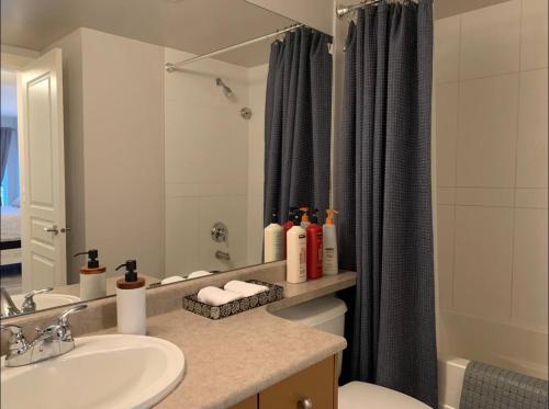 a bathroom with a sink and a toilet and a shower at Waterscapes Osprey 2 Kelowna in Kelowna