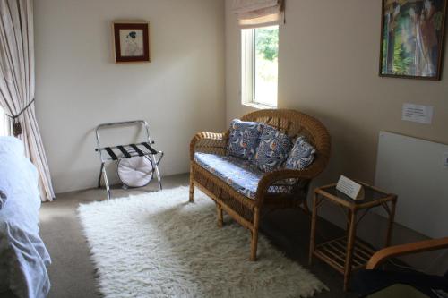 a living room with a chair and a rug at The Beach House Bed and Breakfast in Maungatapu