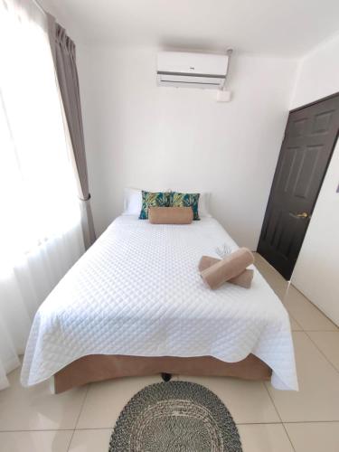 a bedroom with a bed and a window and a rug at Apt Morpho Cas'Aguacate close to Airport, Pedregal, Centro Convenciones in Potrerillos