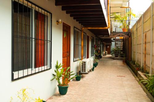 an alley with potted plants on the side of a building at Arenal Sloth Hostel in Fortuna