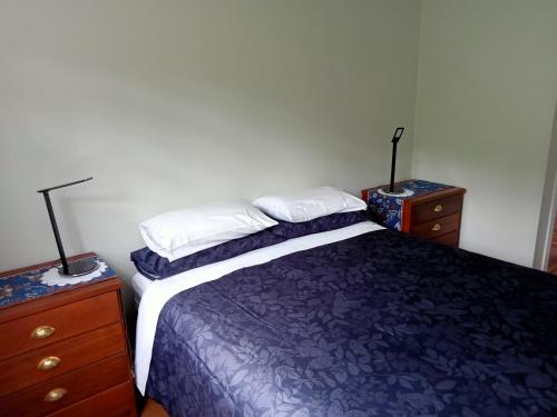 a bedroom with a bed and two night stands at The Gardener's Cottage on Warrentinna in Branxholm