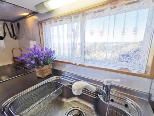 a kitchen sink with a window and purple flowers at Qiao No,105 - Vacation STAY 75661v in Hokota
