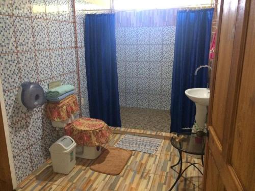 y baño con ducha, cortinas azules y lavamanos. en Hospedaje Valencia Osa, CR, en Potrero