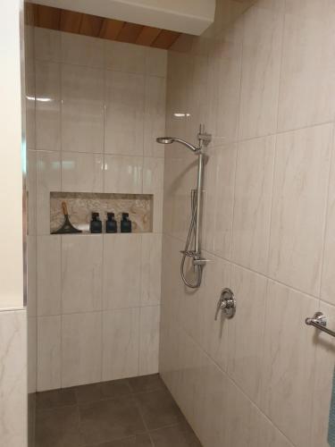 baño con ducha y puerta de cristal en Quiet. Comfy Oasis in Whangarei en Whangarei