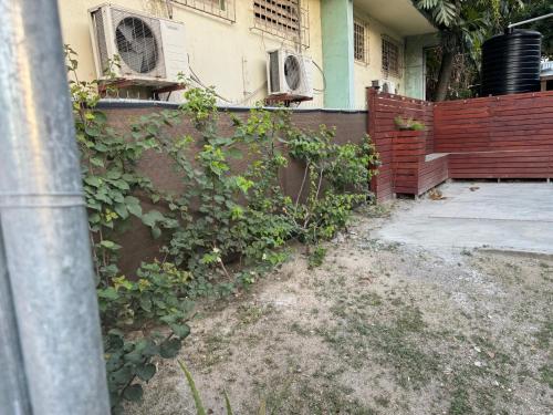 a house with an ivy covered wall and two air conditioners at JJ Guest House in Branns Hamlet