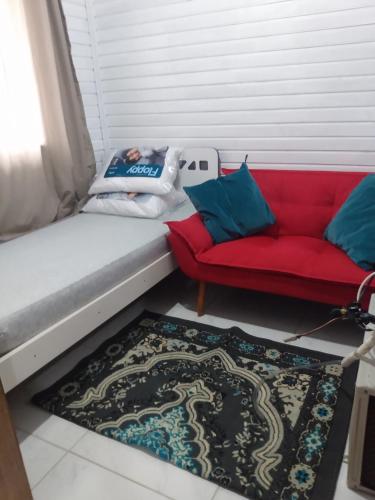a living room with a red couch and a rug at Casa barra velha sc in Barra Velha