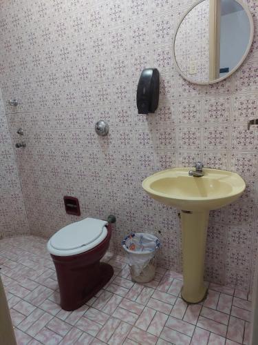 a bathroom with a toilet and a sink at Hotel Flamingo in Santos