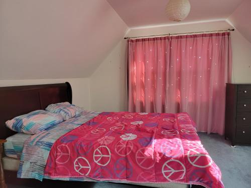 a bedroom with a bed and a pink curtain at Amy's house in Charlottetown