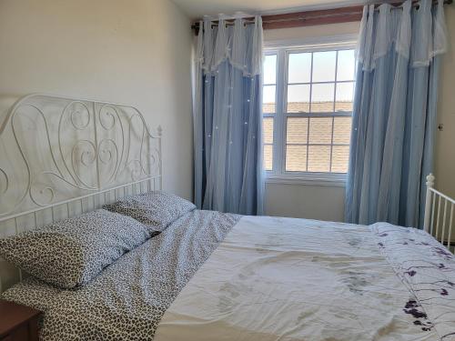 1 dormitorio con 1 cama grande y cortinas azules en Amy's house, en Charlottetown