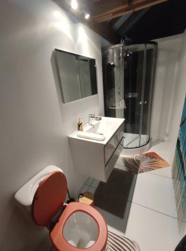 een badkamer met een rood toilet en een wastafel bij GWADA FUN HABITATION in Saint-Claude