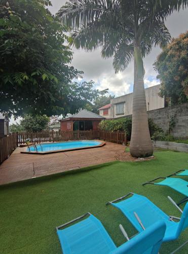 um quintal com cadeiras azuis e uma palmeira em GWADA FUN HABITATION em Saint-Claude