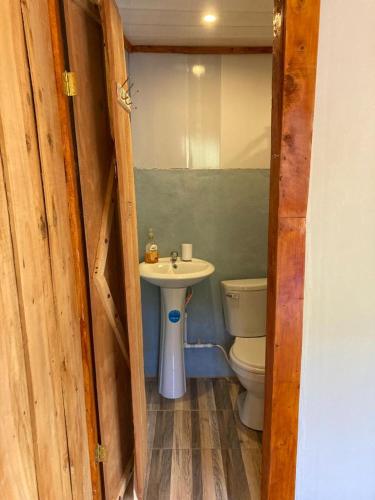 a bathroom with a toilet and a sink at Mario´s Lodge Providencia in El Copey