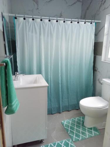 ein Badezimmer mit einem grünen Duschvorhang und einem WC in der Unterkunft Sashamani Villa D in Saint Mary