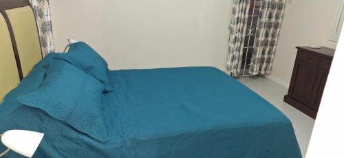 a bed with a blue comforter in a bedroom at Seaview Property 1C Two Bedroom Apt Hasting Towers in Bridgetown