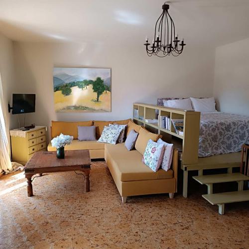 a living room with a bed and a couch at Zacharoulas Katikies in Amarynthos
