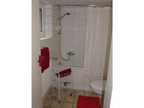 a bathroom with a shower and a sink and a toilet at Maiken Feikes, Am Friedrichshain 2 in Wenningstedt