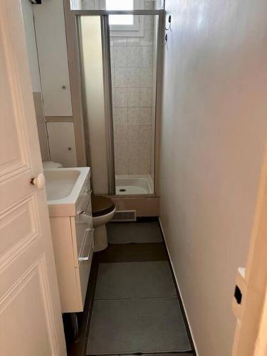 une petite salle de bain avec toilettes et lavabo dans l'établissement Superbe appartement avec moulures et cheminé, à Clichy