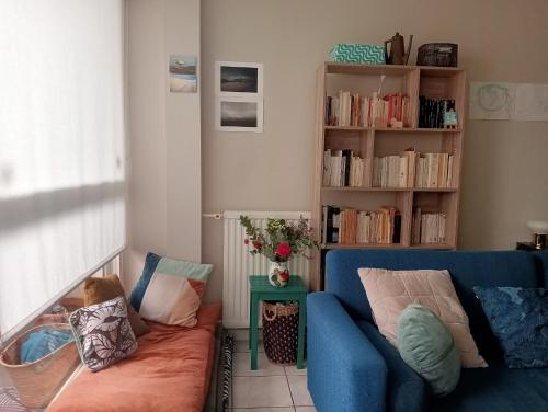 a living room with a blue couch and a book shelf at Appartement lumineux et confort ! in Pantin