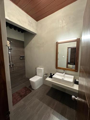 La salle de bains est pourvue de toilettes, d'un lavabo et d'un miroir. dans l'établissement Turtle Pond Wilpattu, à Wilpattu