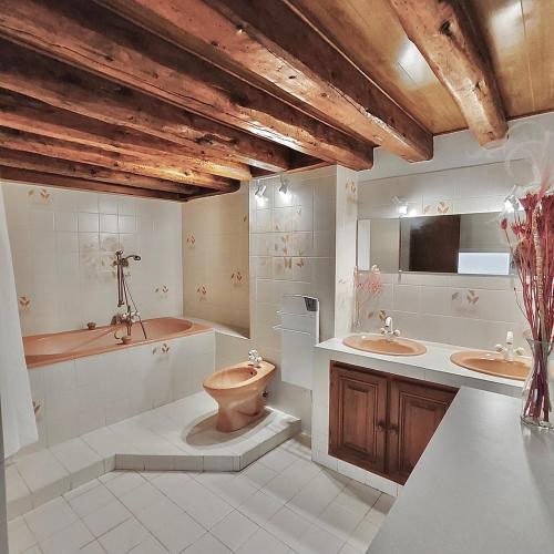 La salle de bains est pourvue de 2 lavabos et de toilettes. dans l'établissement Au Croco fleuri, 50m des arènes, terrasse, à Nîmes