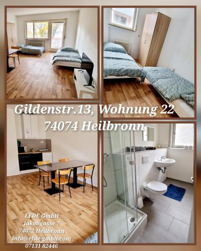 un collage de trois photos d'une chambre dans l'établissement Apartments EFDE GmbH Ferienwohnung, à Heilbronn