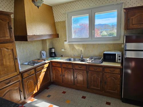 a kitchen with wooden cabinets and a sink and a window at La Bourzede F3 in Langeac