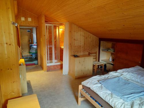 Studio sans cuisine في Vissoie: غرفة نوم بسرير في كابينة خشبية