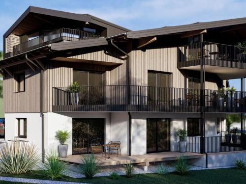 a rendering of a building with balconies and plants at Bergzeit Apartments right on the ski slope in Saalbach Hinterglemm