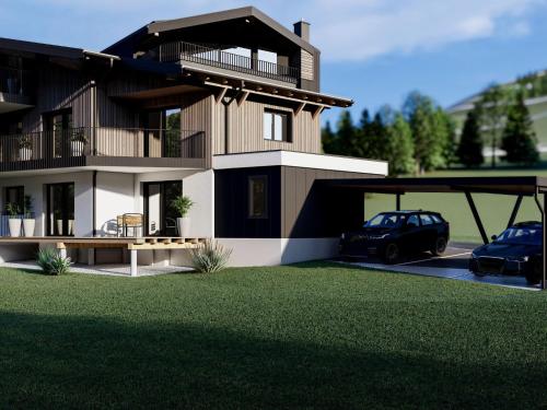 a rendering of a house with a car garage at Bergzeit Apartments right on the ski slope in Saalbach Hinterglemm