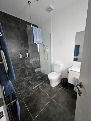 a bathroom with a shower and a toilet and a sink at Golden Sands Beachside Cottage in Papamoa