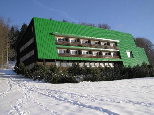 a green building with a green roof in the snow at Hotel Albert in Paseky nad Jizerou