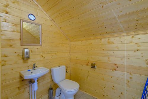 a wooden bathroom with a toilet and a sink at DOMY MARINA VILLAGE in Kąty Rybackie