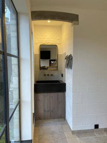 uma casa de banho com um lavatório e uma televisão na parede em B&b kleinen bosch em Beveren