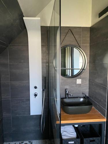 une salle de bain avec un lavabo et un miroir dans l'établissement Studio en résidence face à la mer -Sarzeau, à Sarzeau