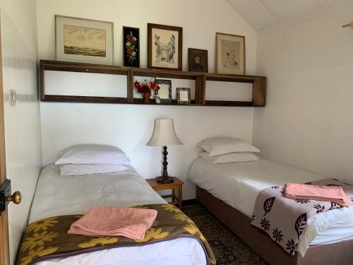 a bedroom with two beds and a lamp and shelves at Lakehouse in Howick