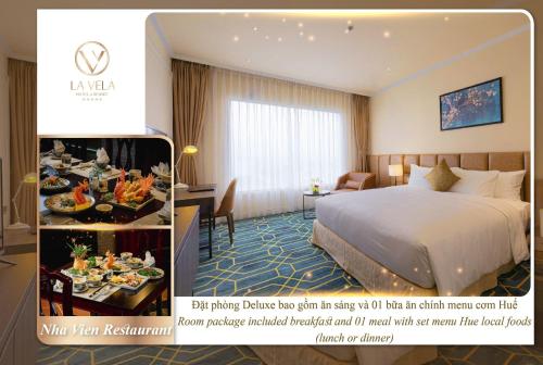 a hotel room with a bed and a table with food at La Vela Hue Hotel in Hue