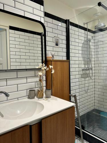 une salle de bain avec un lavabo et une douche dans l'établissement LE GAMBETTA, à Dieppe